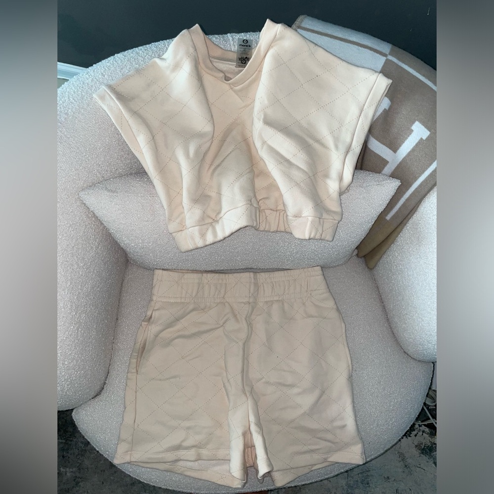 Cream Beige Neutral Quilted Short Sleeve Crop Shorts Set‎ Boutique